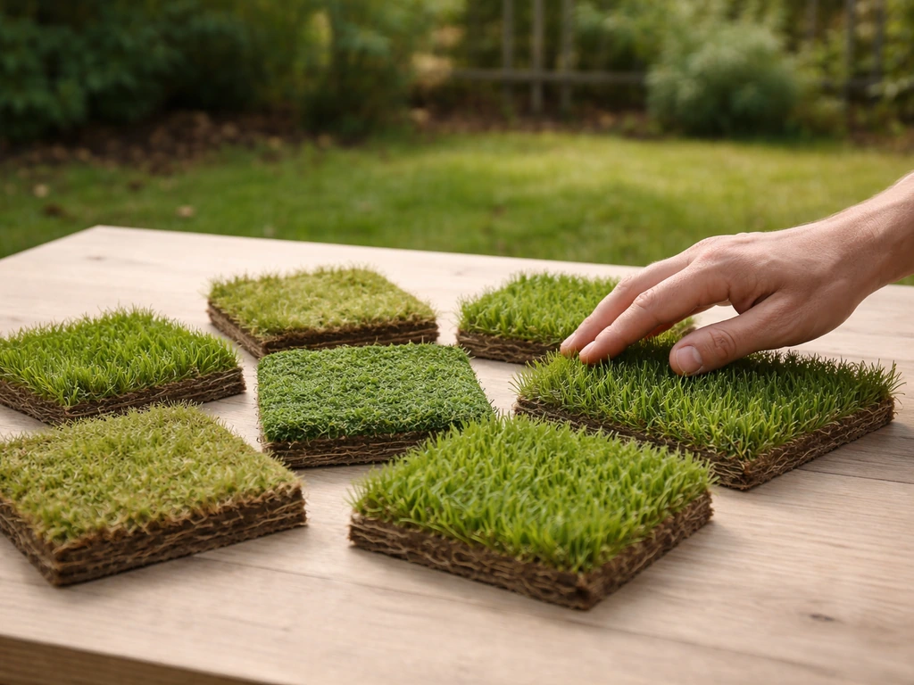 Échantillons de gazon posés sur une table, à côté d’un petit jardin, pour illustrer le choix selon climat et exposition.