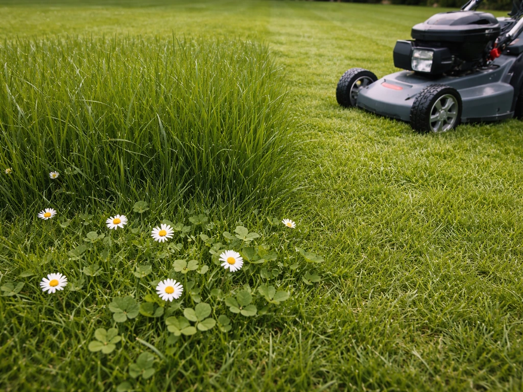 Tondeuse à gazon à côté d’une pelouse haute (8–10 cm) avec pâquerettes et trèfle entre les brins d’herbe.