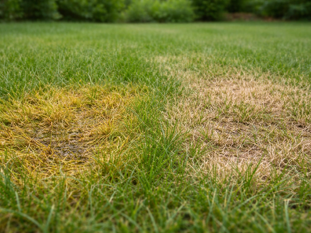 Gazon avec deux zones d’urine de chien : jaunissement humide et zone plus sèche, au sol près