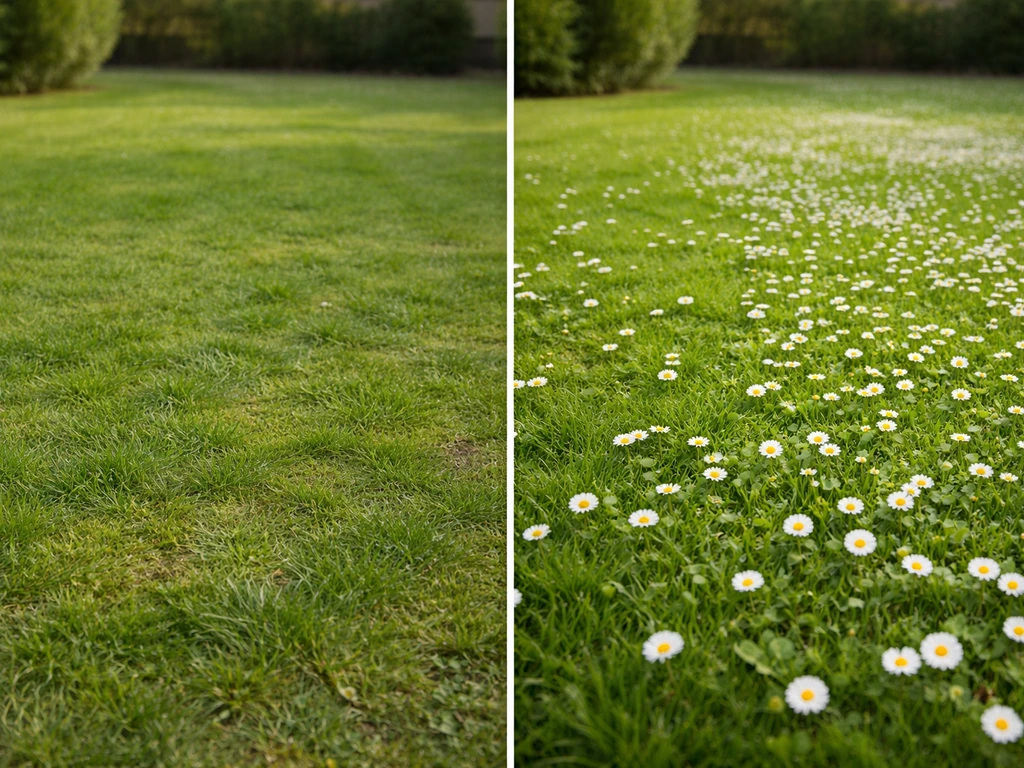 Avant/après d’une pelouse : gazon terne à gauche, tapis vert avec pâquerettes blanches et jaunes à droite.