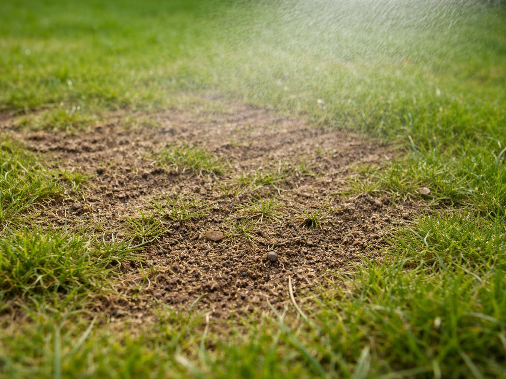 Gazon tondu court avec scarification légère et quelques graines de pâquerettes visibles au contact du sol.