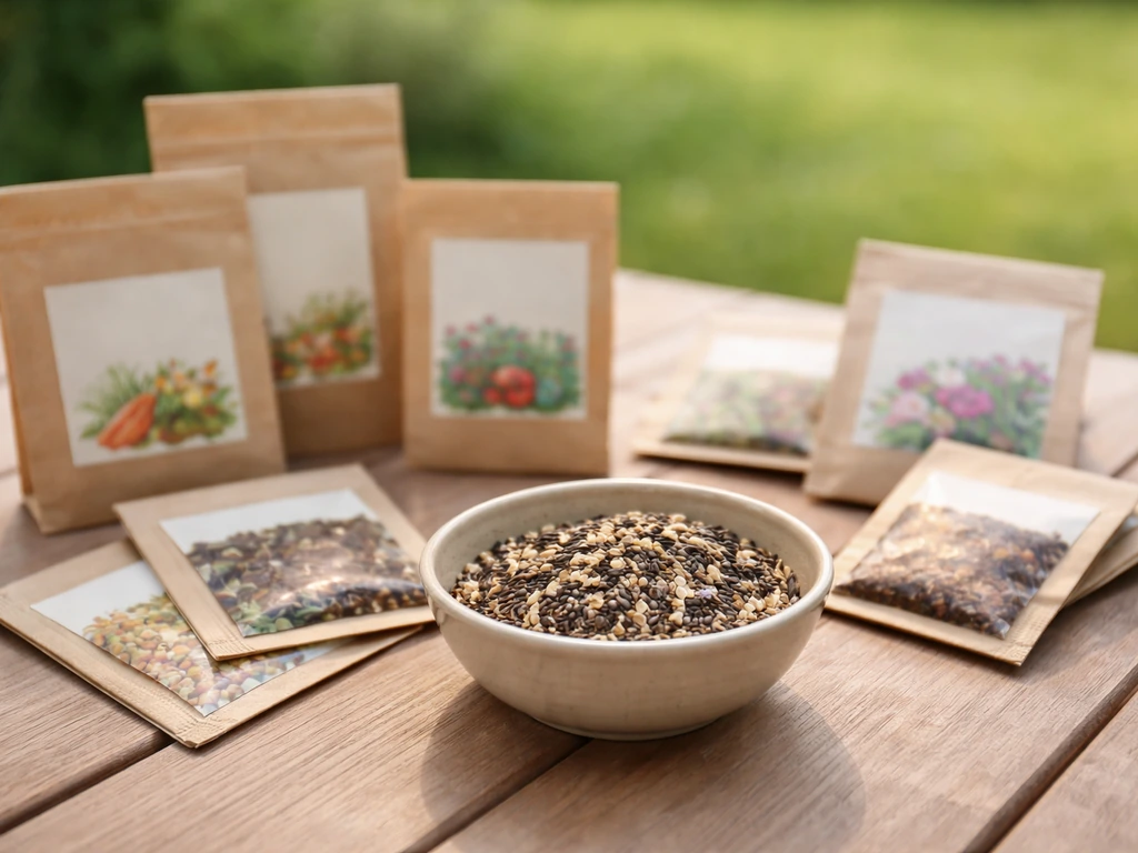 Sachets de semences et mélange prêt à semer sur une table, ambiance jardin, sans texte lisible.