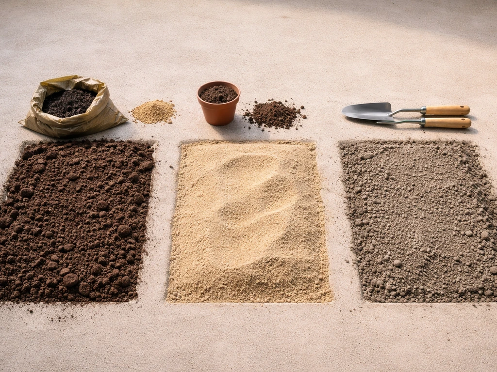 Trois zones de sol (argile, sable, sol compact) avec amendements et outils de jardin, sans texte.