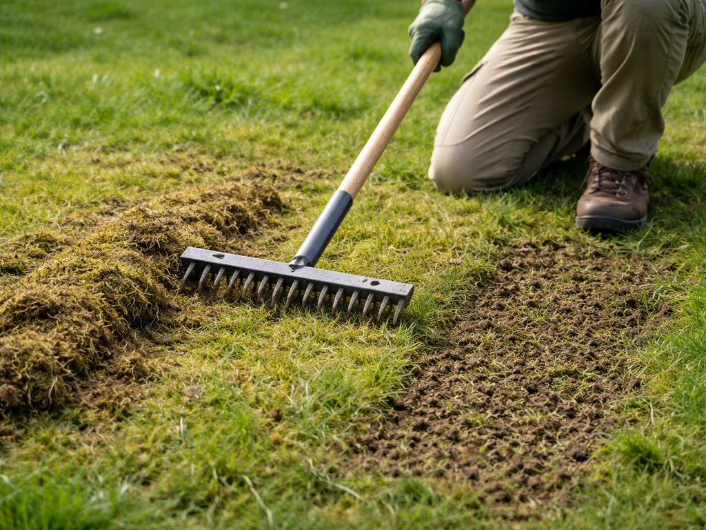 Pelouse scarifiée avec feutrage remonté, puis zones aérées et terre humide, jardinier anonyme au genou.