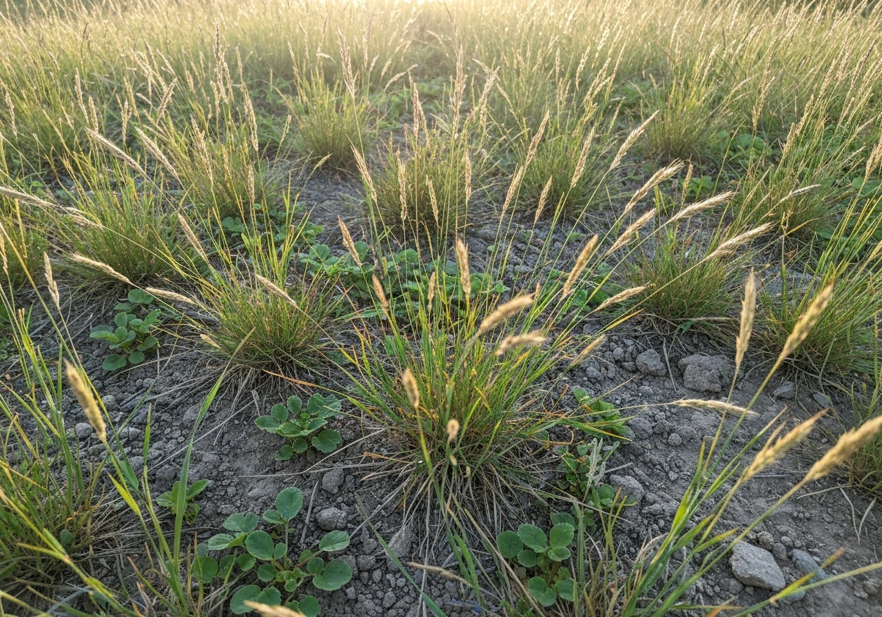 Photo au ras du sol d’une pelouse “gazon sauvage” avec graminées et petites plantes à feuilles.