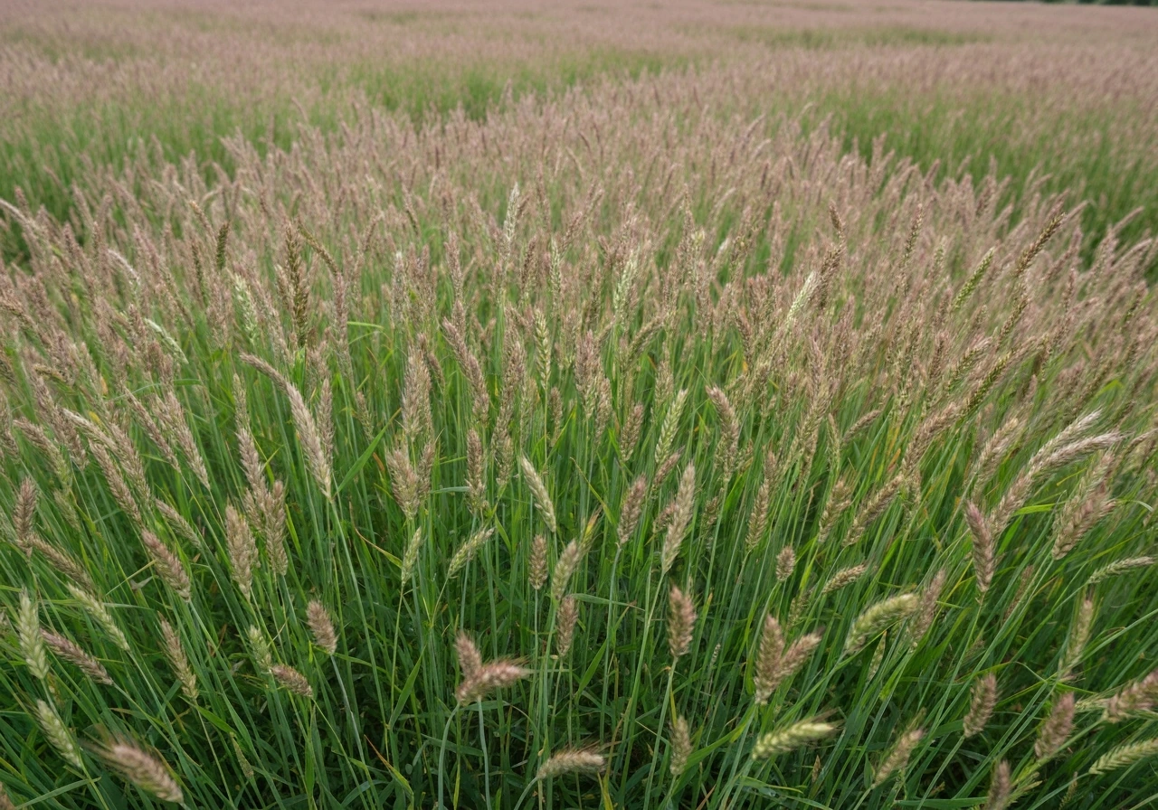Gros plan sur des brins et épis aplatis de graminées spontanées dans une pelouse, détails nets.
