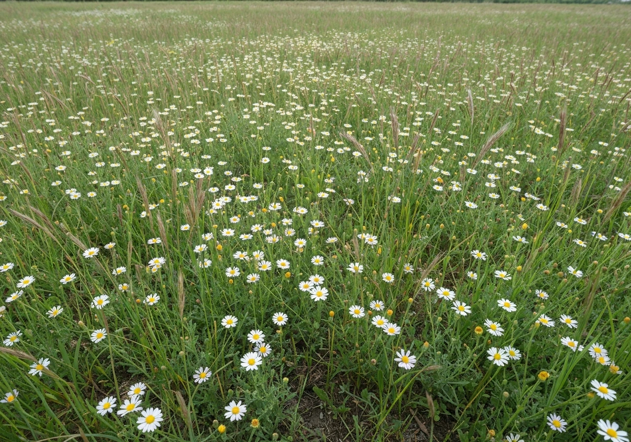 Gazon de fleurs sauvages en pleine floraison, graminées fines et petites fleurs colorées, sans scène encombrée.
