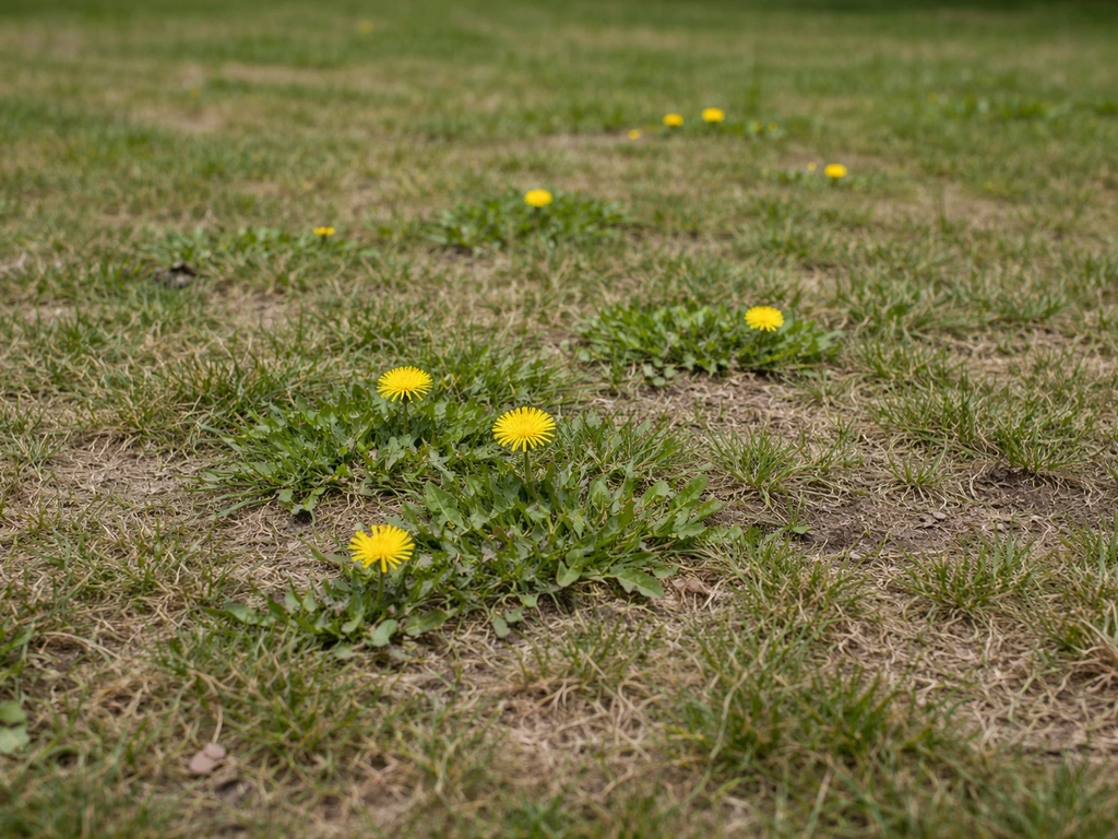 Pelouse clairsemée avec quelques pissenlits jaunes, sol un peu nu et herbe fatiguée, lumière naturelle.