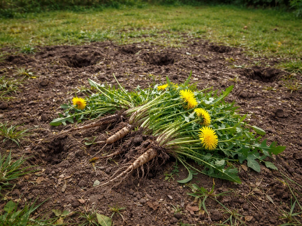 Plusieurs pissenlits arrachés au sol, racines en tas et zones dégarnies à régénérer dans un jardin.