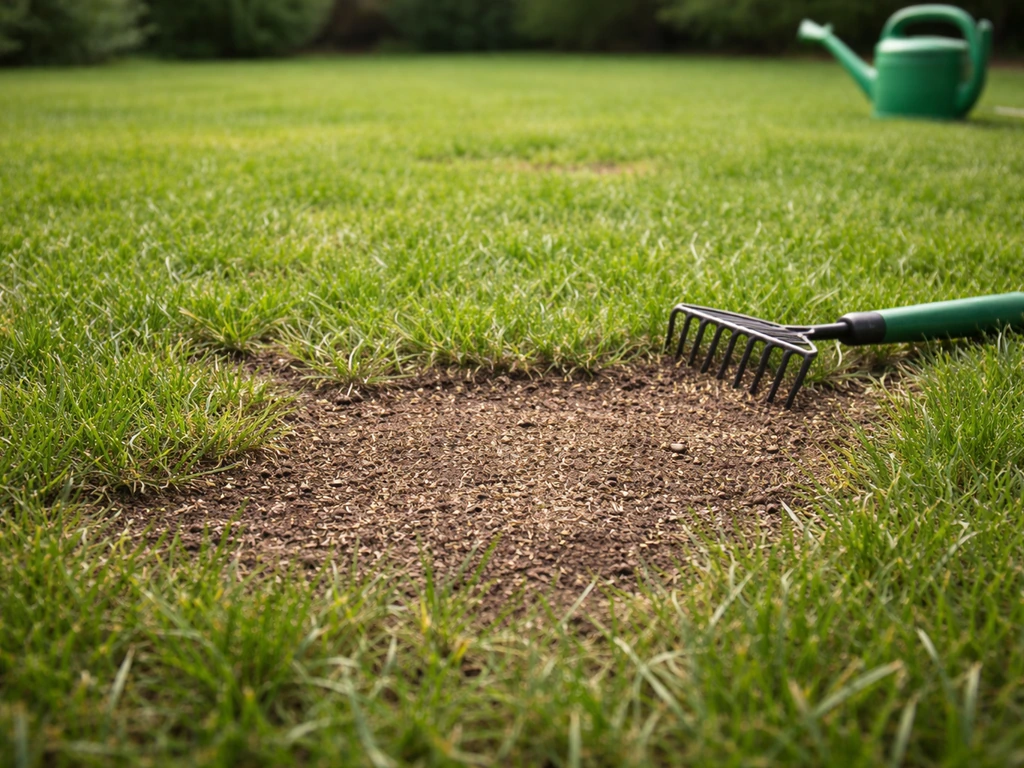 Pelouse avec zones dégarnies et sursemis léger après désherbage, outil de jardin près du gazon.