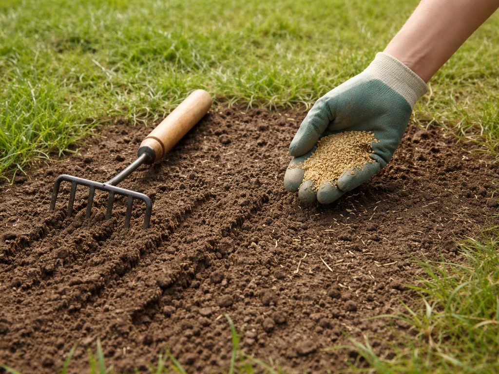 Jardinier griffant superficiellement le sol (2–3 cm) puis déposant des graines de pelouse au râteau, scène minimaliste.