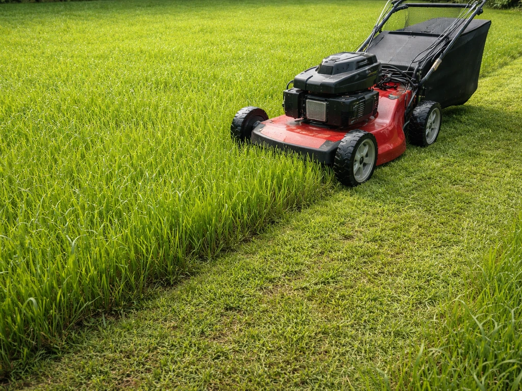 Jeunes pousses de pelouse (8–10 cm) tondues par une tondeuse réglée haut, coupe propre et nette.