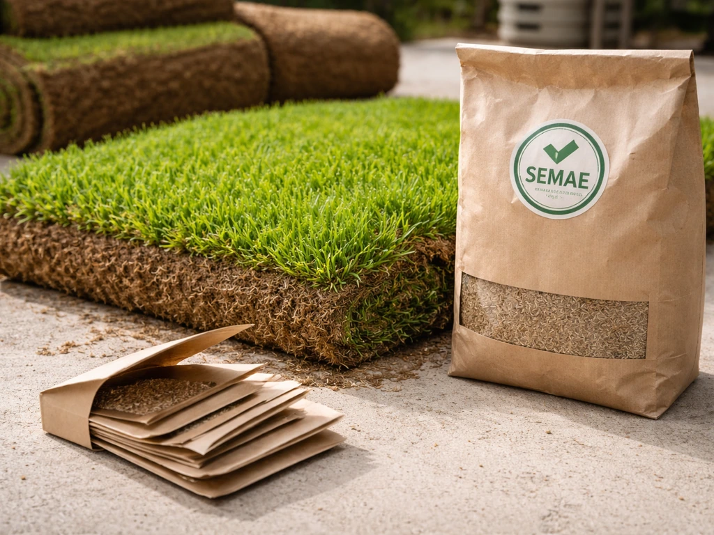 Gazon fraîchement posé en jardinerie avec sachet de semences SEMAE et étiquettes d’échantillons au sol.