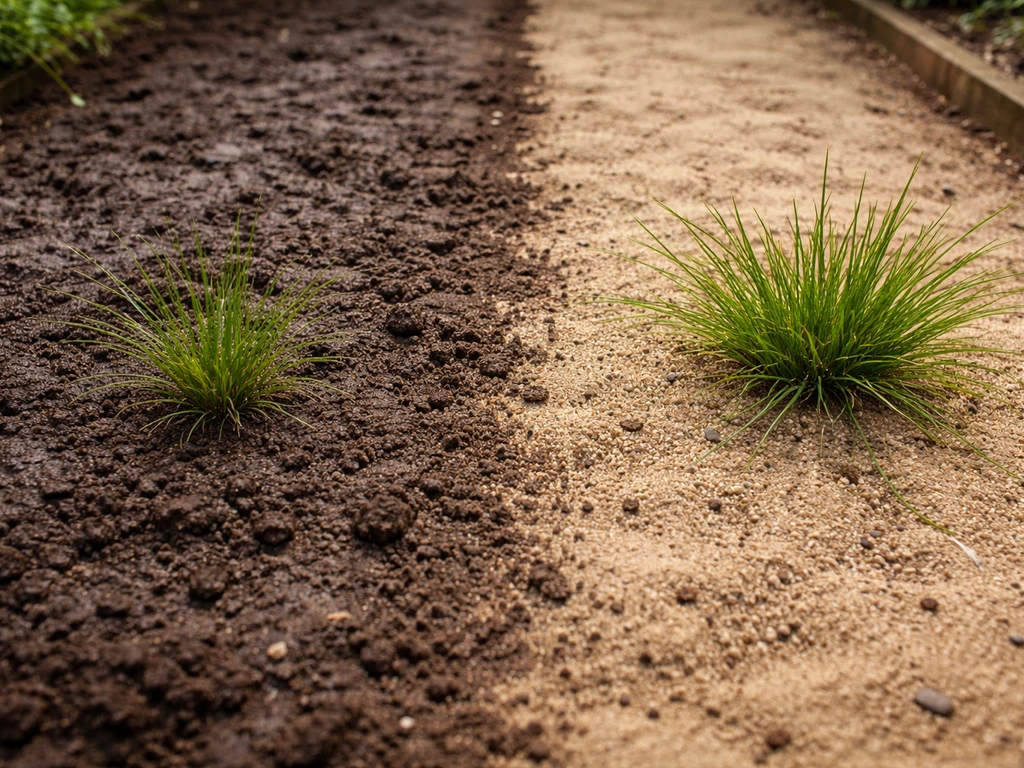 Allée de jardin divisée : sol argileux compact et humide à gauche, zone sableuse plus sèche à droite, avec pelouse chéti