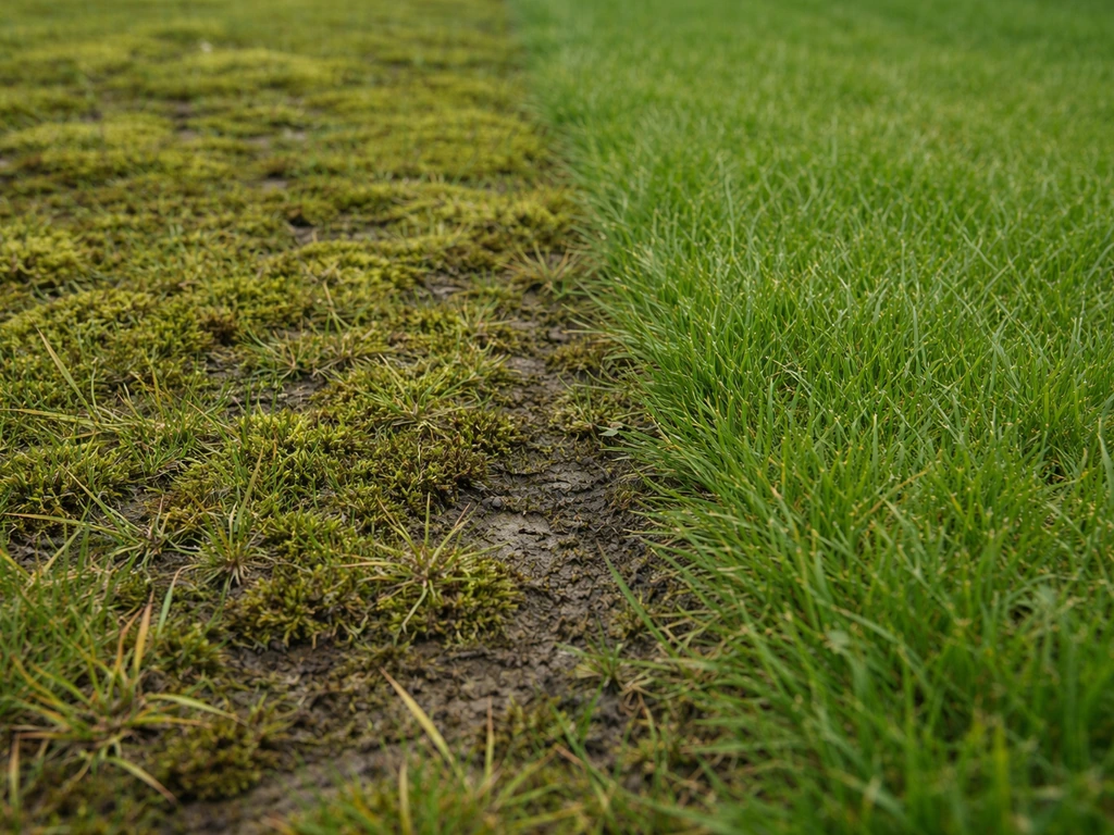 Gazon avec un tapis de mousse envahissante en gros plan, à côté d’une zone plus dense et plus verte.