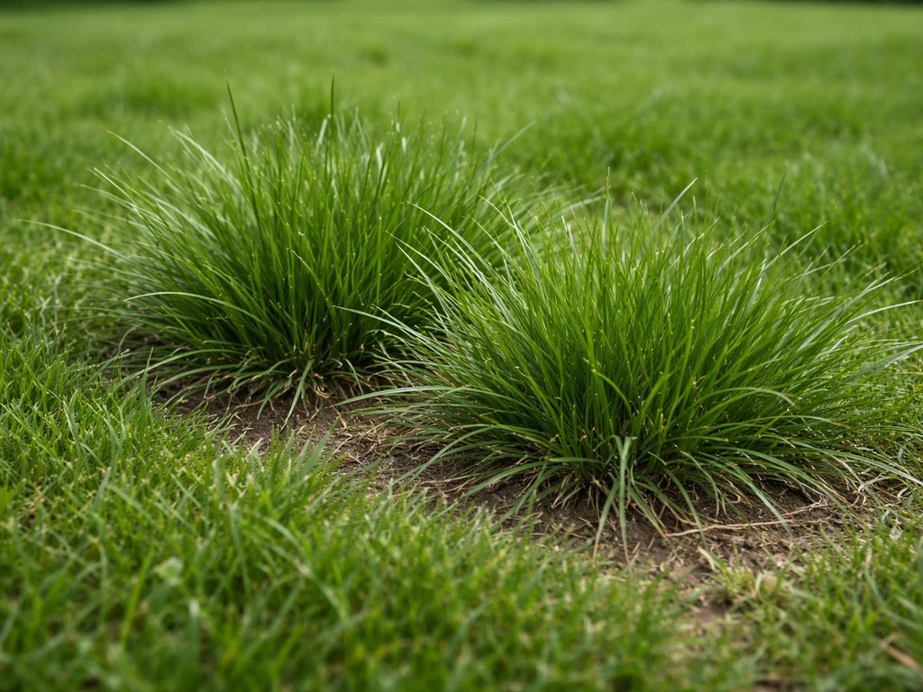 Touffes d’ivraie vivace dans une pelouse, vues de près : feuilles et tiges typiques en touffe dense.