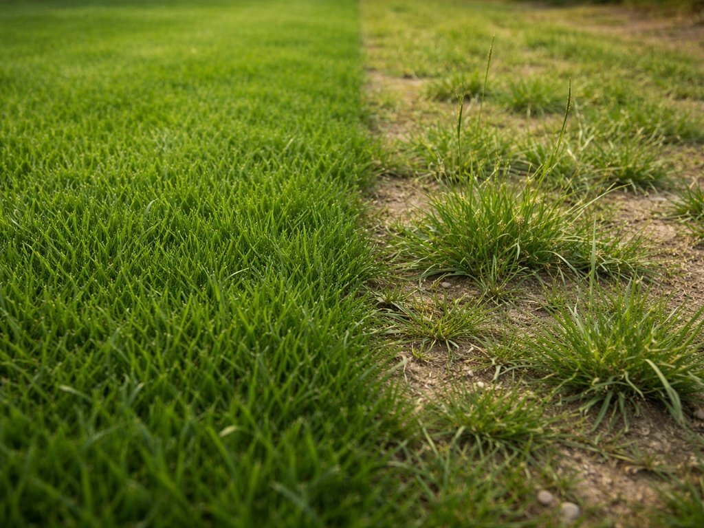 Pelouse dense et pelouse clairsemée côte à côte, montrant l’effet de compétition contre l’ivraie.