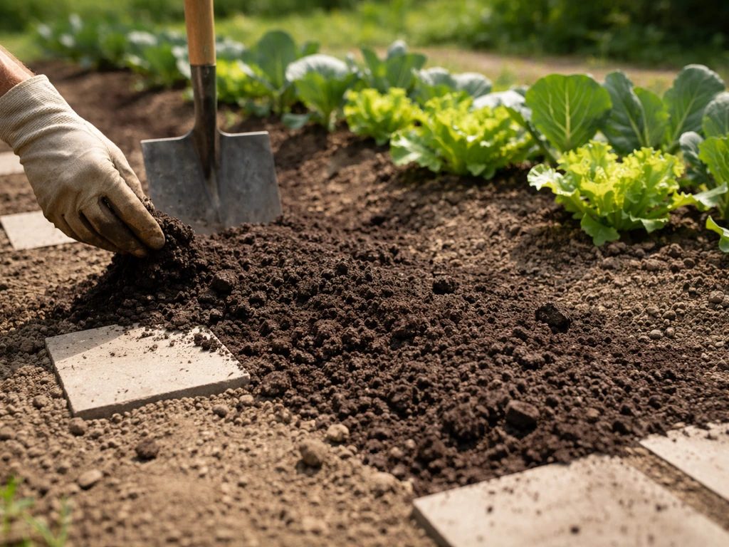 Compost mûr épandu dans un potager, avec bêche et repères au sol pour illustrer l’épandage.