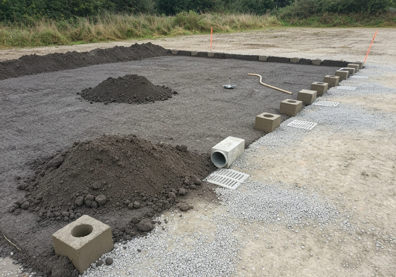 Chantier au sol argileux humide avec tranchée et tuyau de drainage au bord d’une flaque.