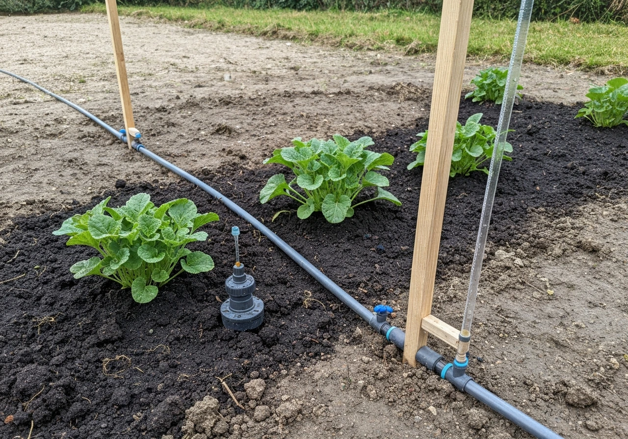 Irrigation goutte-à-goutte sous paillage avec un tensiomètre au sol, image réaliste et minimaliste.