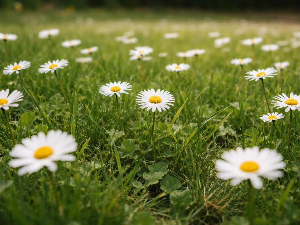 Pelouse fleurie : graminées denses avec marguerites blanches réparties entre les touffes d’herbe.