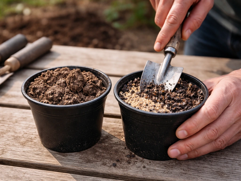Godets montrant une terre argileuse compacte et, à côté, sable grossier et compost en mélange à intégrer.