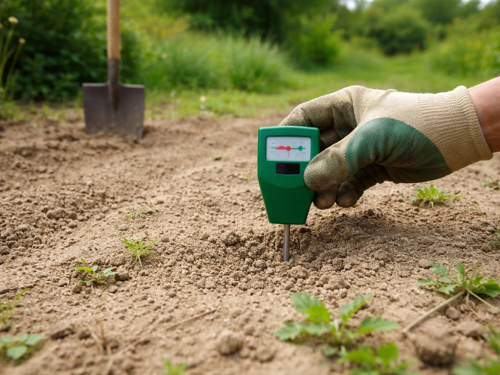 Sol sec et pauvre dans un jardin, bêche en arrière-plan et test de pH simple au-dessus de la terre.