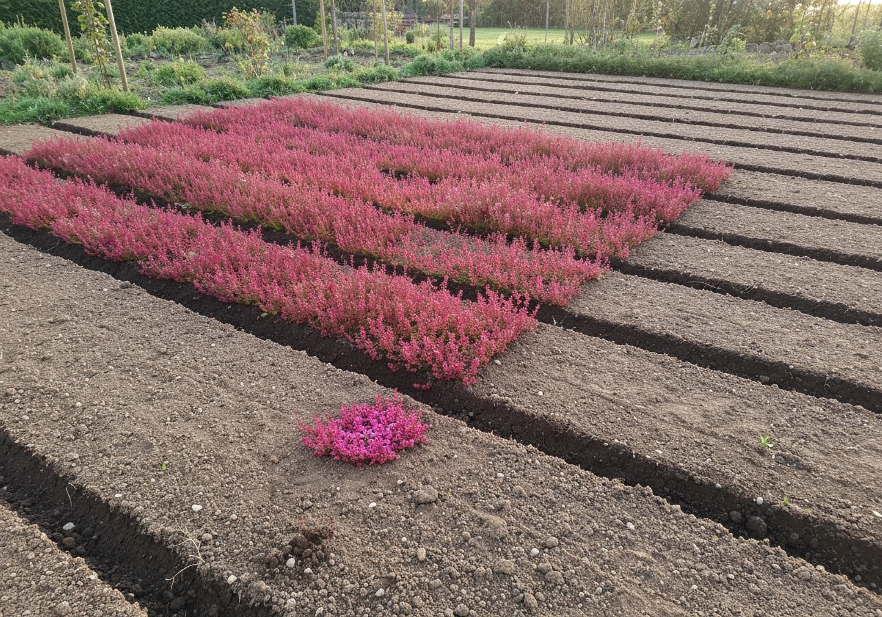 Gros plan d’une pelouse avec un petit patch rose/rouge de gazon, sol et brins visibles dans un jardin.