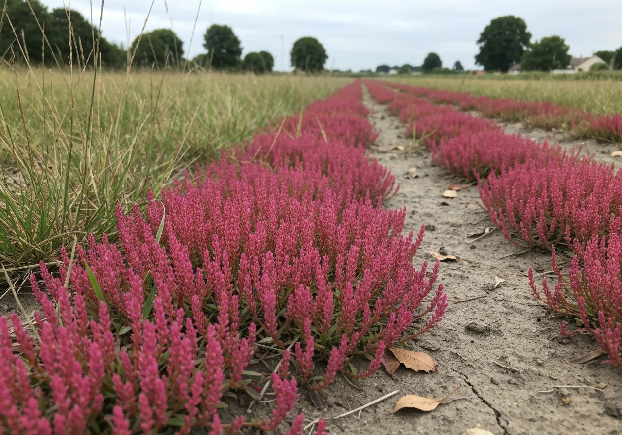 Gros plan d’une pelouse avec brins rosés/rouges et zones qui sèchent, pour reconnaître le gazon rosé.