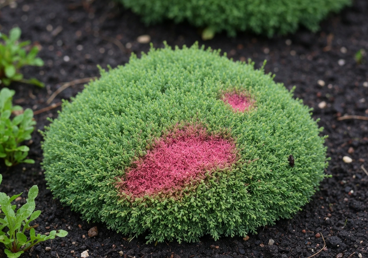 Gazon humide avec petites taches rosées et zones d’herbe clairsemée, évocation du fil rouge en été pluvieux.