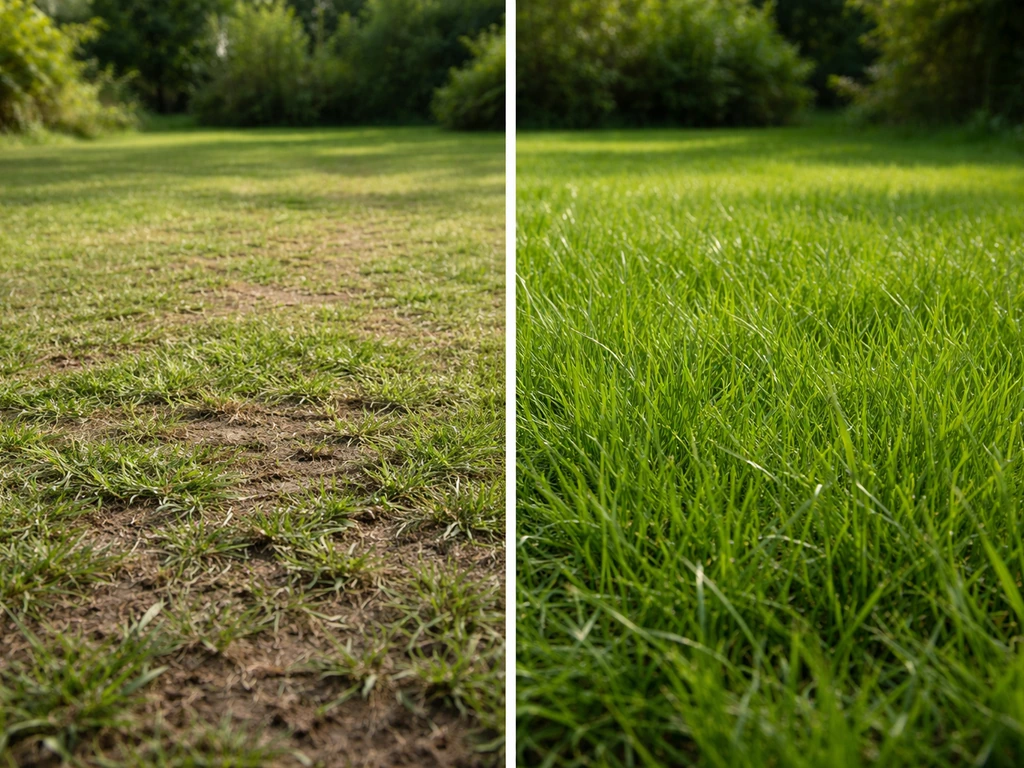 Comparaison visuelle : pelouse rasée montrant la terre contre pelouse à 5-6 cm plus dense.