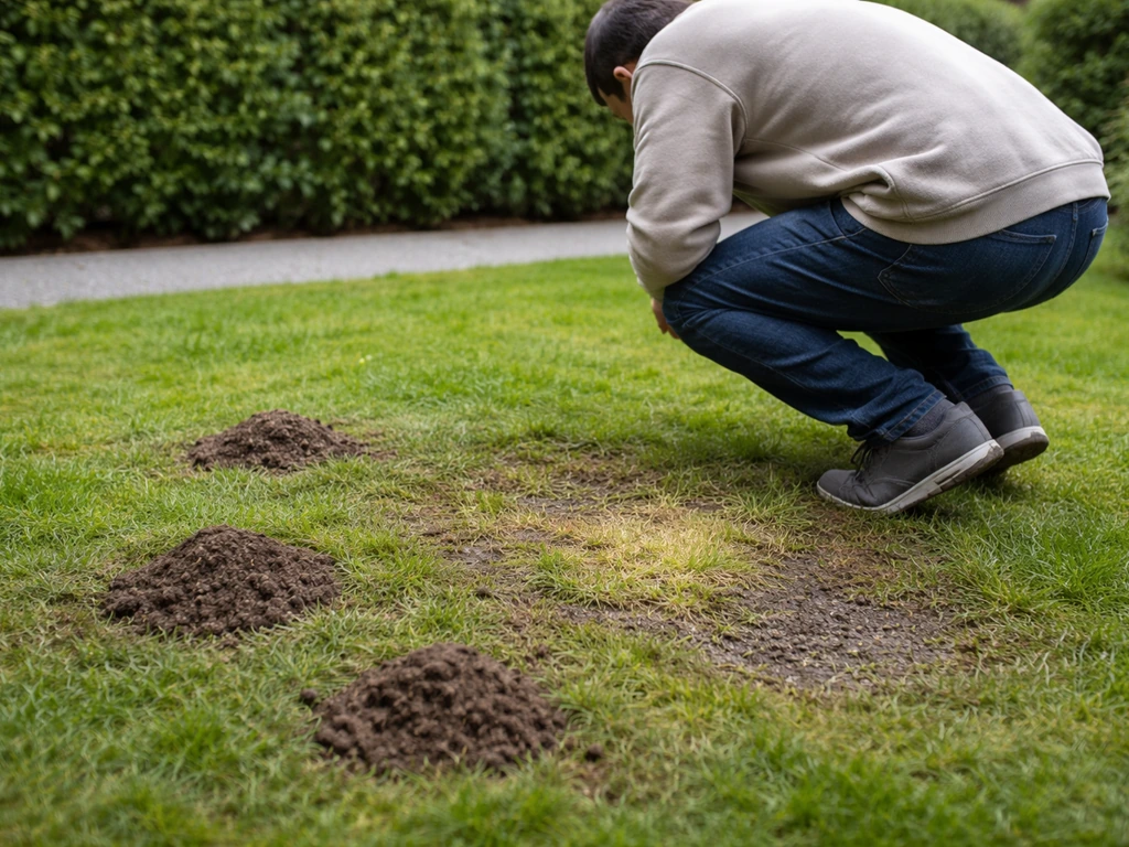 Jardinier examine une pelouse avec monticules de terre et zones jaunies, sol humide visible.