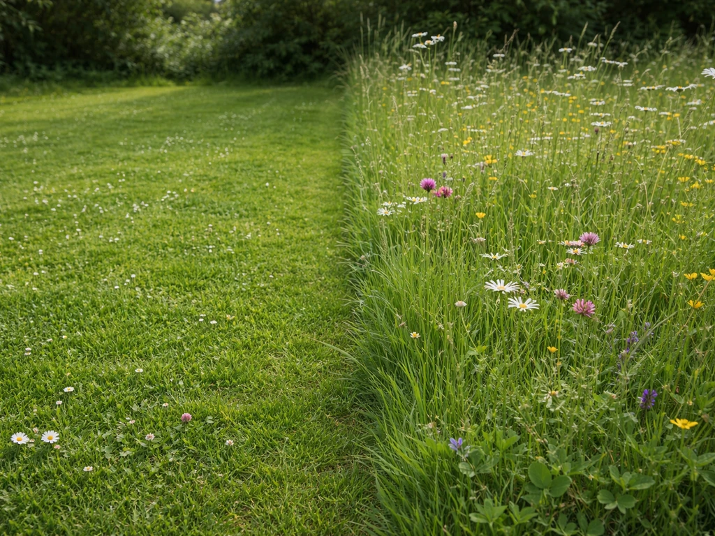 Deux zones de jardin : gazon fleuri ras à gauche et prairie fleurie plus haute à droite.