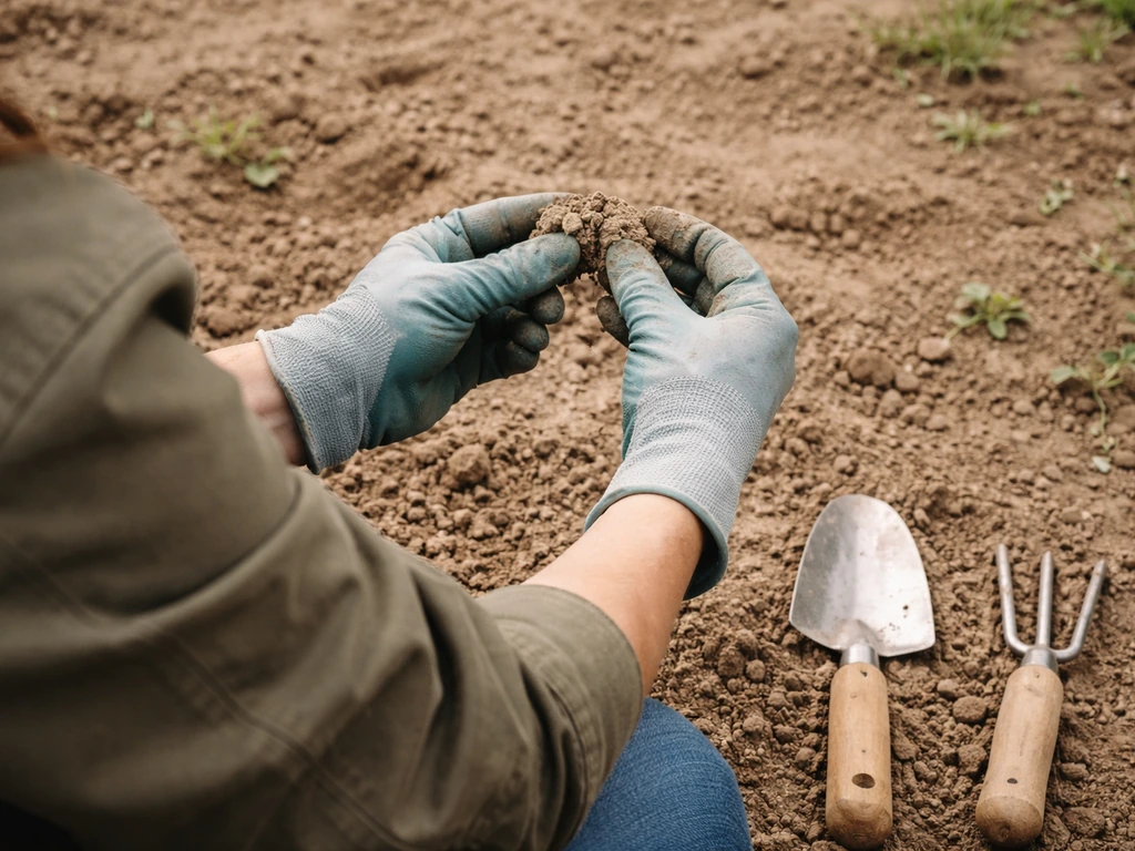 Mains gantées écrasant un échantillon de terre au jardin, avec plantoir et bêche à côté, avant bêchage.