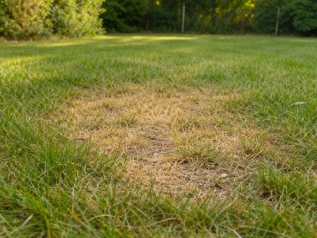 Zone de pelouse fleurie jaunie et clairsemée au sol partiellement visible, près de brins verts.