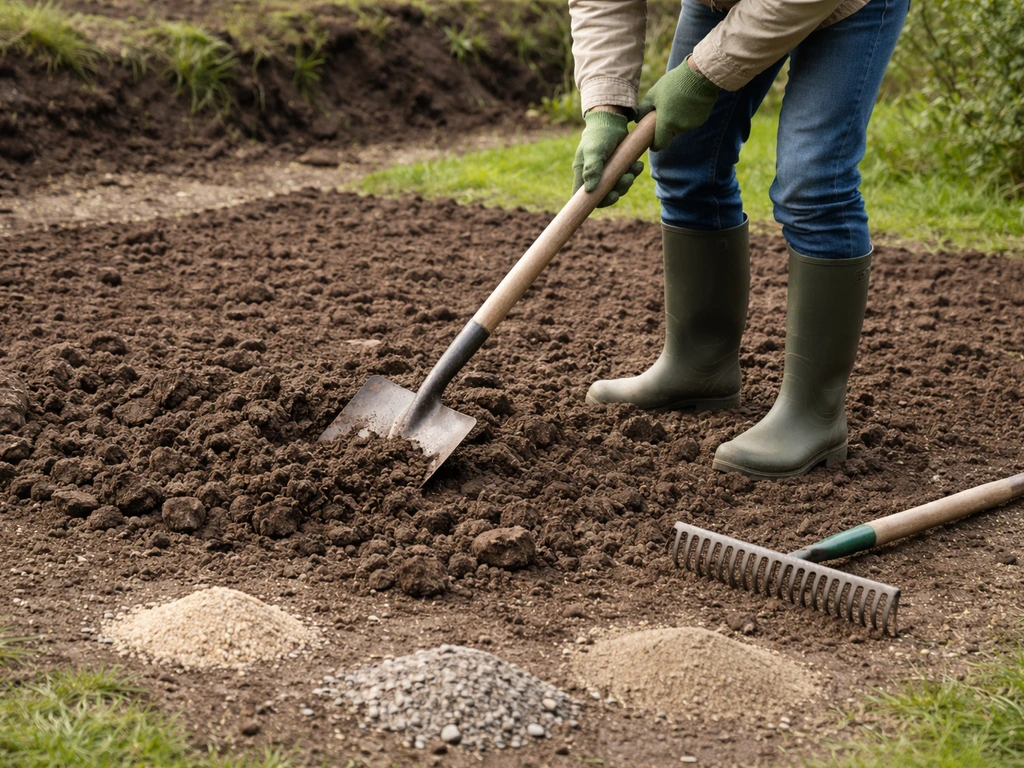 Bêchage et ameublissement de la terre dans un jardin, sable et granulats au sol pour améliorer le drainage.
