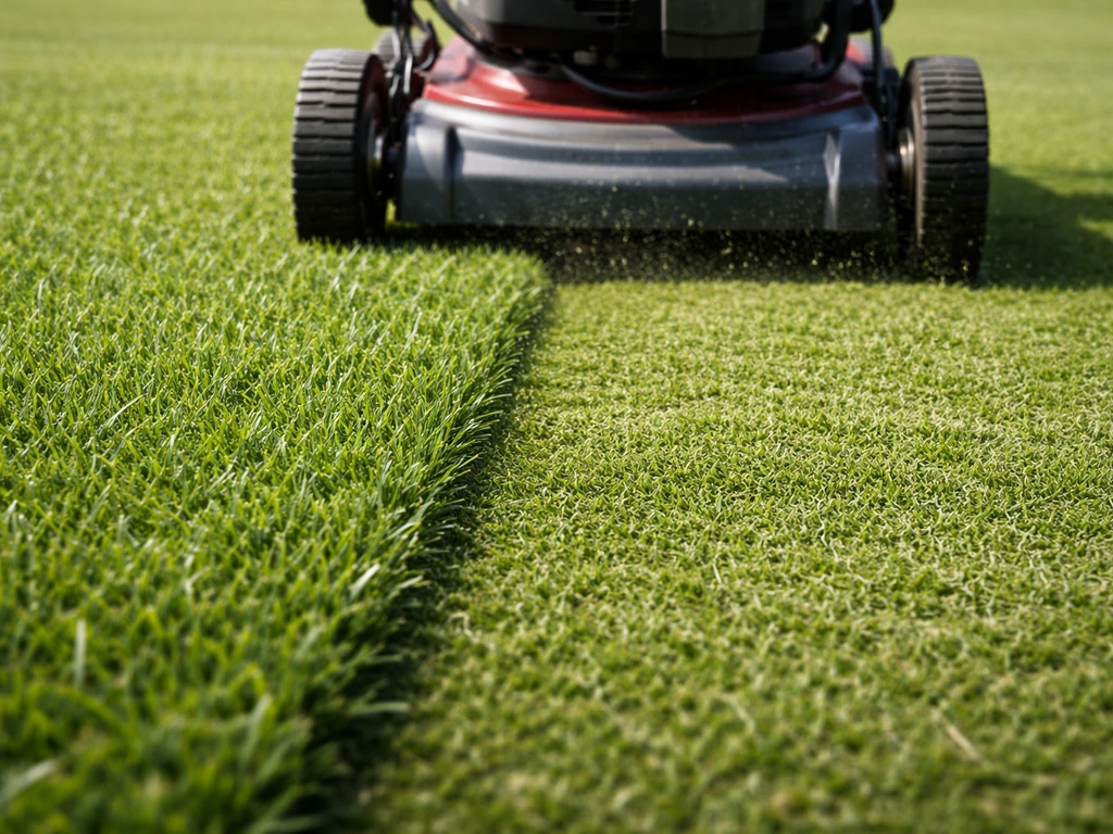Pelouse de bermuda/zoysia bien arrosée, tonte nette avec une tondeuse réglée à 2–4 cm