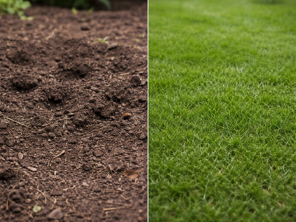 Jardin avec deux zones contrastées : terre nue fouillée vs sol couvert et sain, vue rapprochée réaliste.