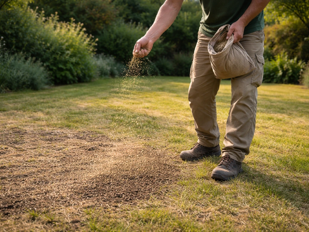 Sursemis : scarification légère et graines réparties sur un gazon clairsemé dans un jardin.