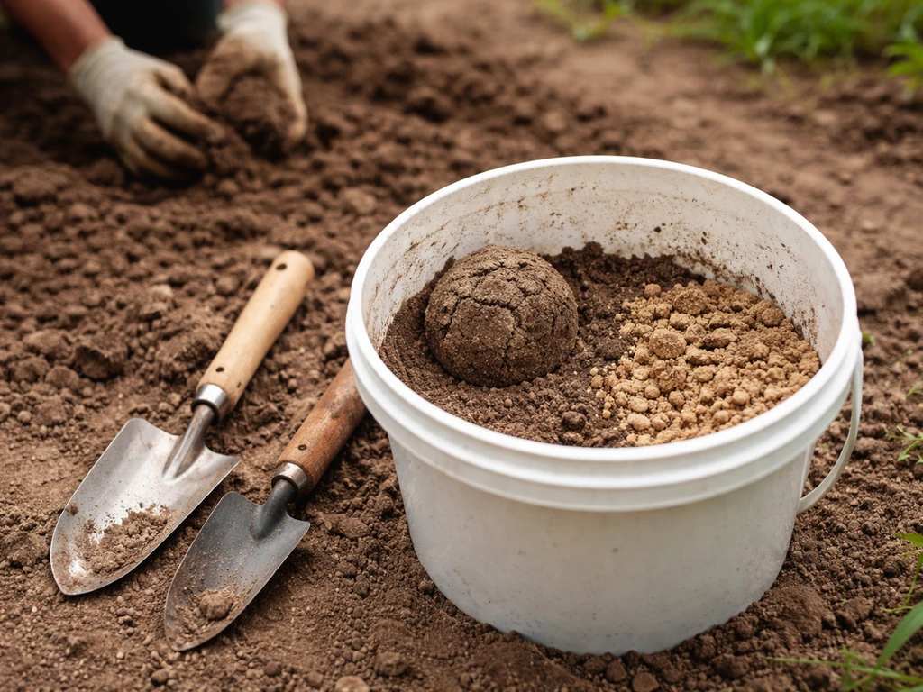 Seau de terre humide montrant une boule compacte et une terre qui s’effrite pour diagnostiquer la texture.