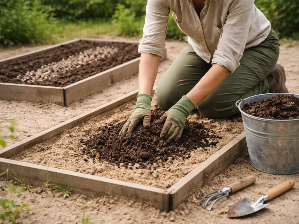 Jardinier anonyme préparant deux planches avec compost mûr pour sol sableux et amendement/drainage sur argile.