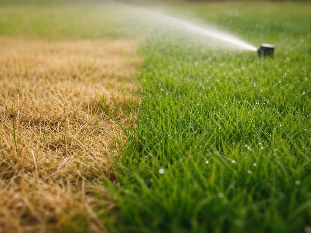 Gazon partiellement jauni à côté d’une zone bien verte, arrosage discret, vue rapprochée sur l’herbe.