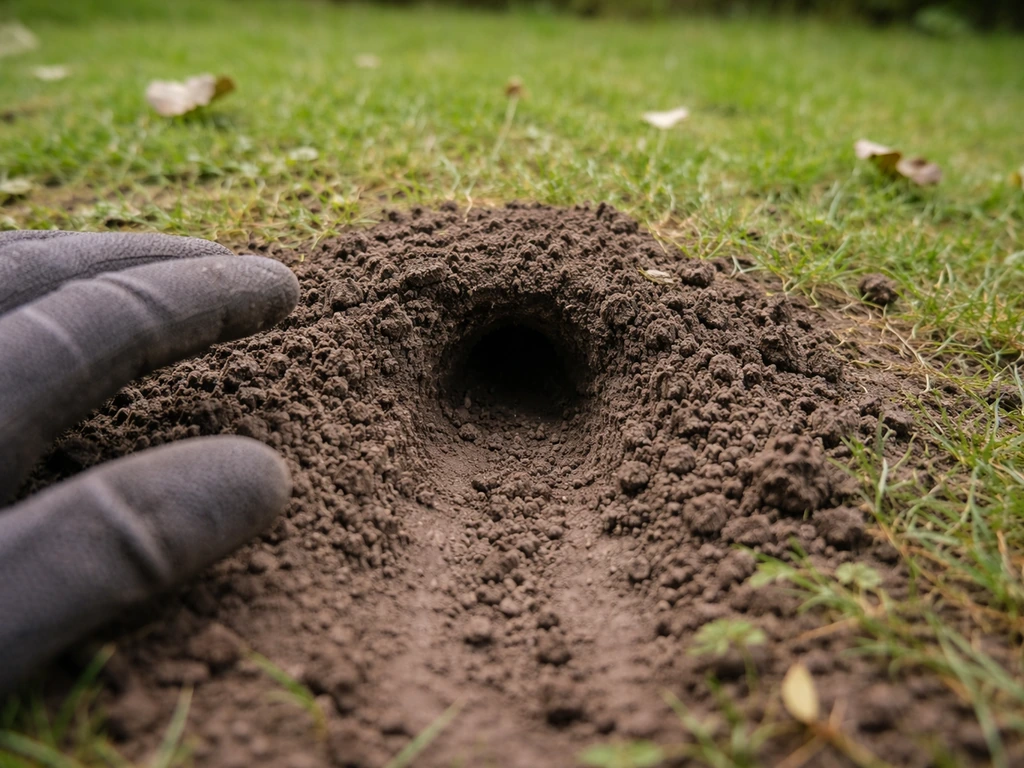 Gros plan sur un trou et un monticule de terre dans un jardin, main gantée prête à observer sans toucher.