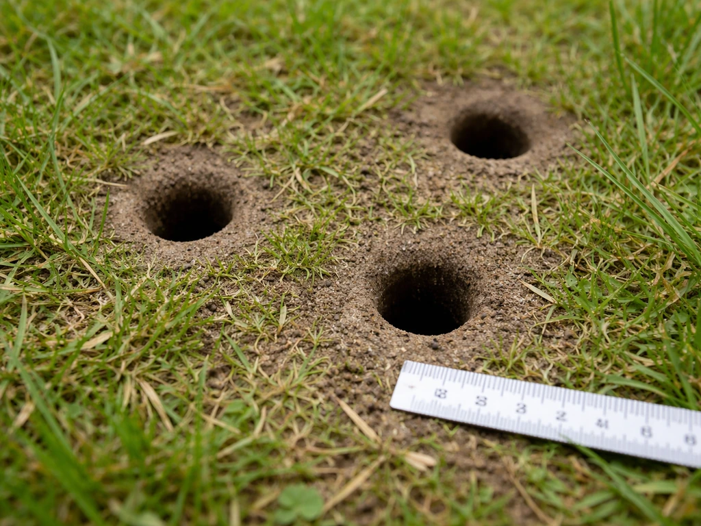 Gros plan de petits trous ronds nets de 2 à 5 cm dans une pelouse, sans monticule ni terre rejetée, avec une règle en éc