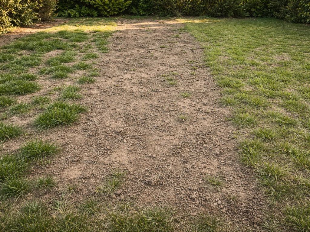 Trois zones de gazon raté côte à côte : plaques de levée, terrain quasi nu et herbe clairsemée.