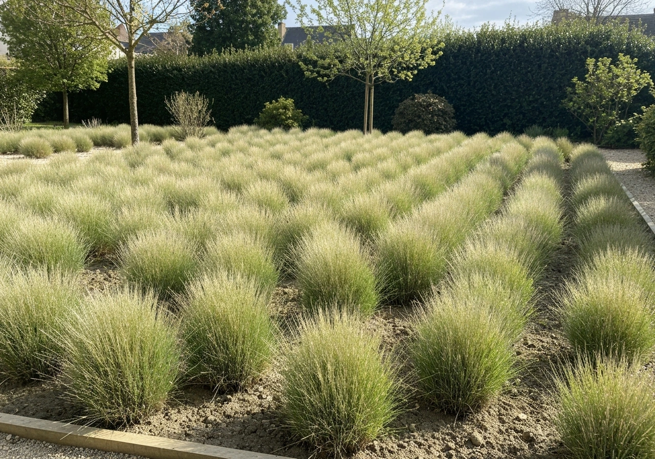 Jardin français avec une pelouse extensive naturelle, graminées variées et tonte rare sur sol peu amendé
