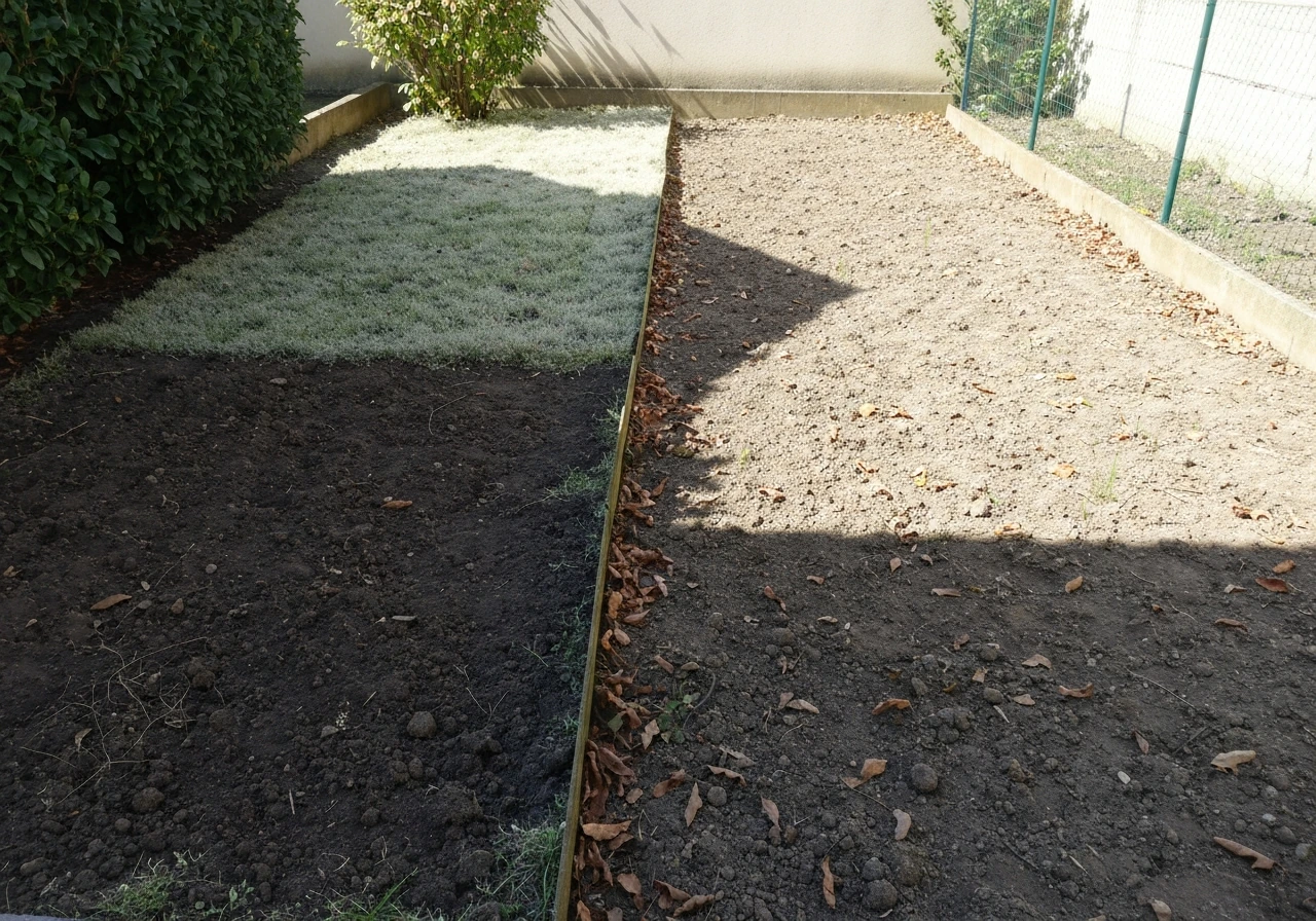 Deux zones de jardin contrastées : sol argileux ombragé et sol sec pauvre, prêtes à accueillir des graminées adaptées.