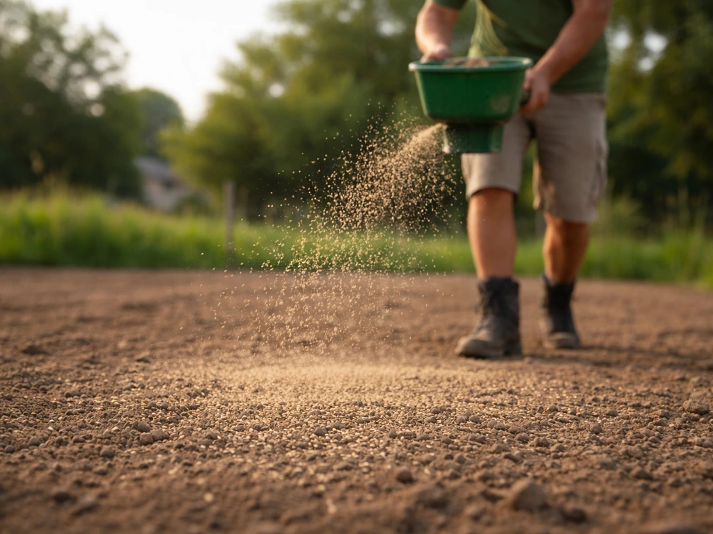Un épandeur à main en action sur une parcelle préparée, semences pour gazon extensif, sol visible avant compactage.