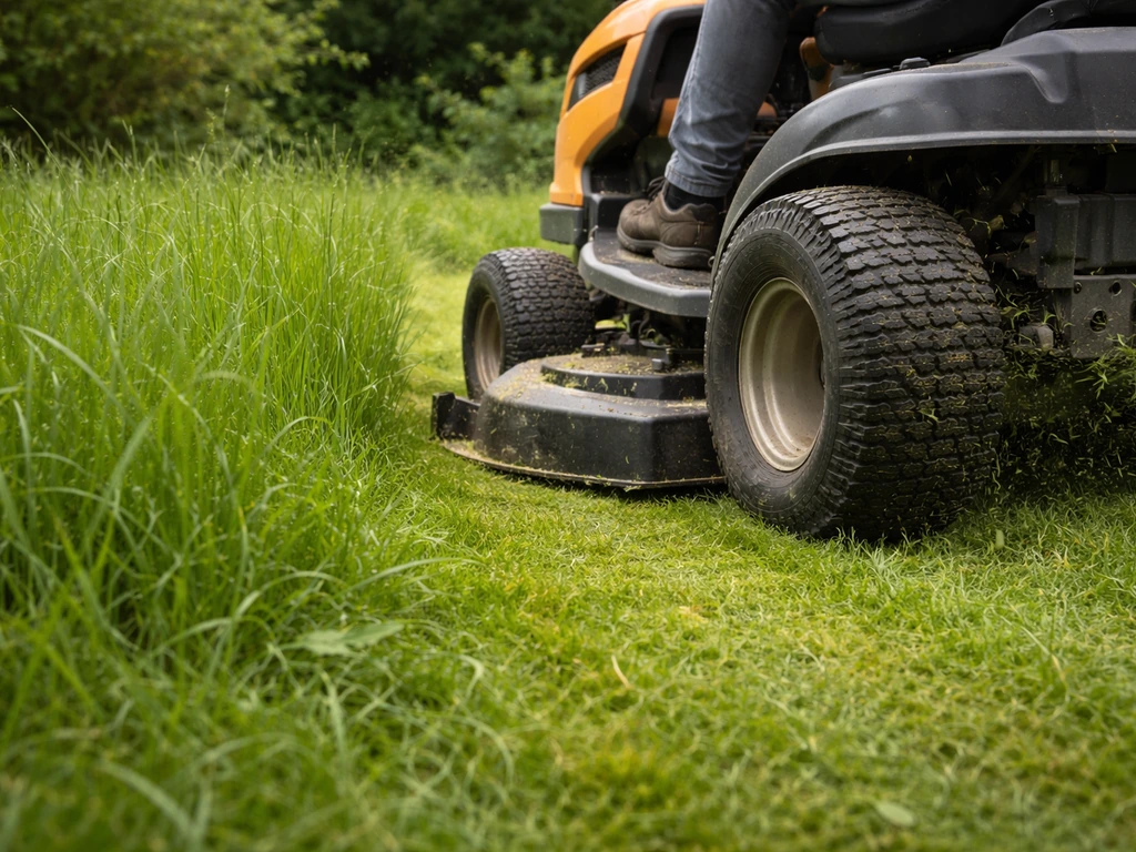Pelouse extensive de 10–20 cm avec hauteur de coupe élevée, tonte peu fréquente, lame de tondeuse relevée.