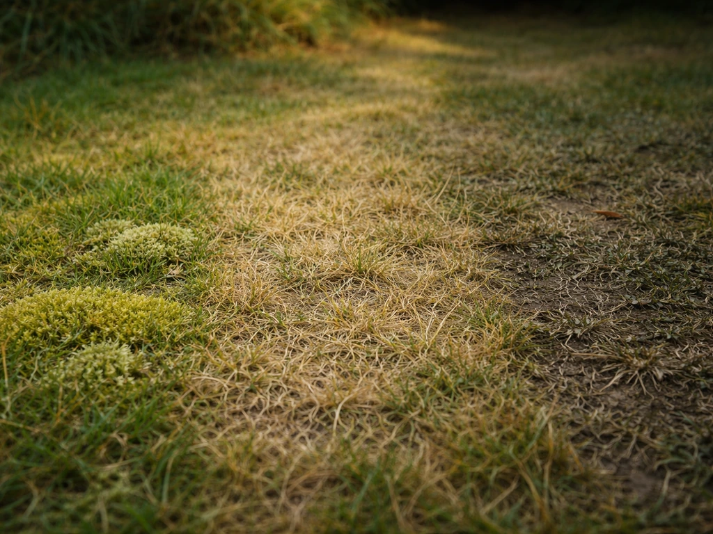 Gazon avec mousse localisée, zones jaunies et zone plus sombre à l’ombre, vue au ras du sol.